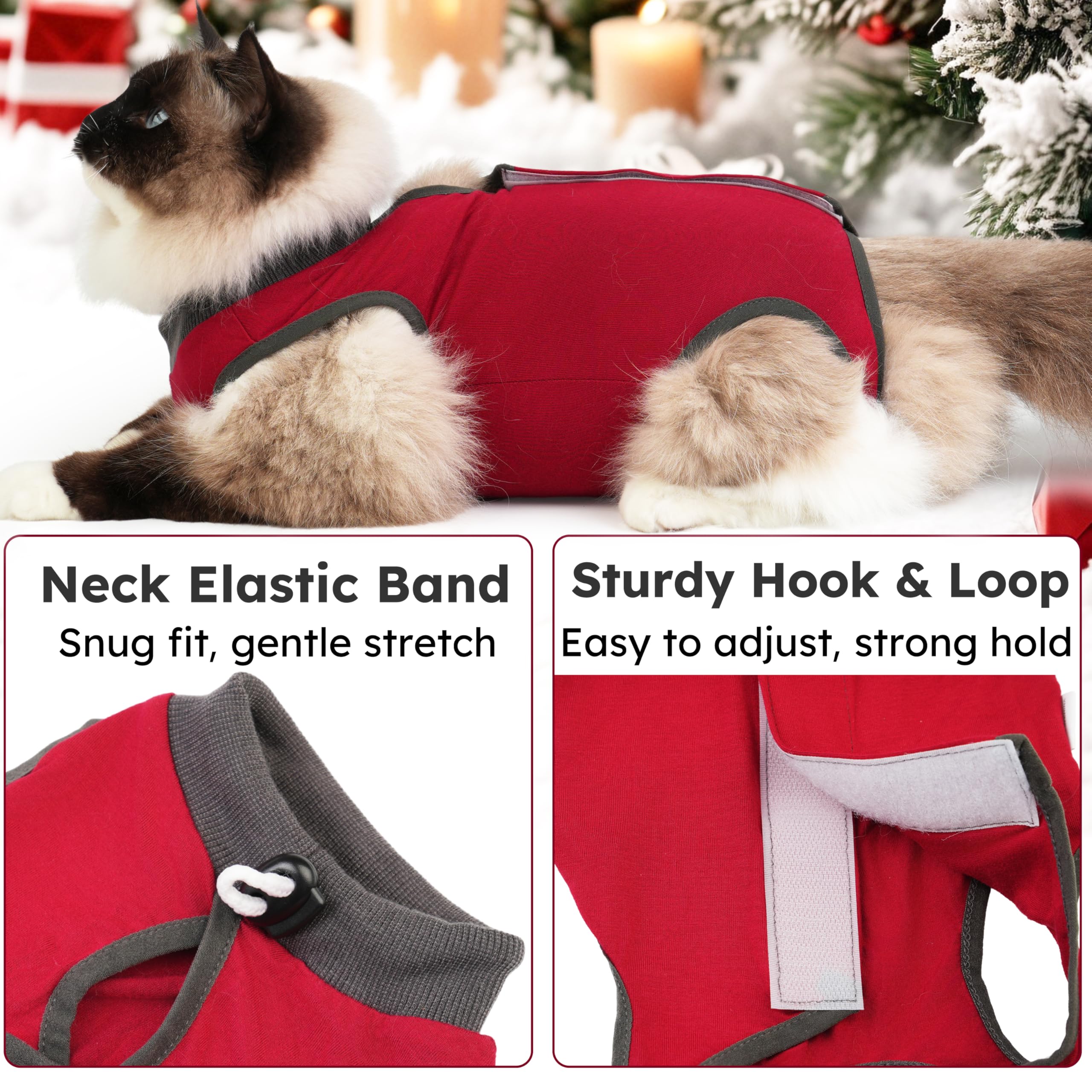 Hpetppy cat recovery suit adjustable neck with Velcro back in red