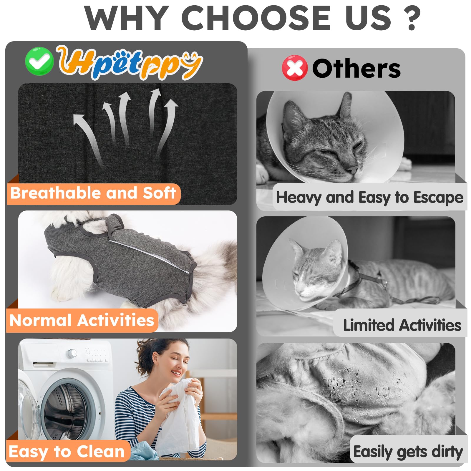 Hpetppy cat recovery-suit-dark-grey provides discreet postoperative protection.
