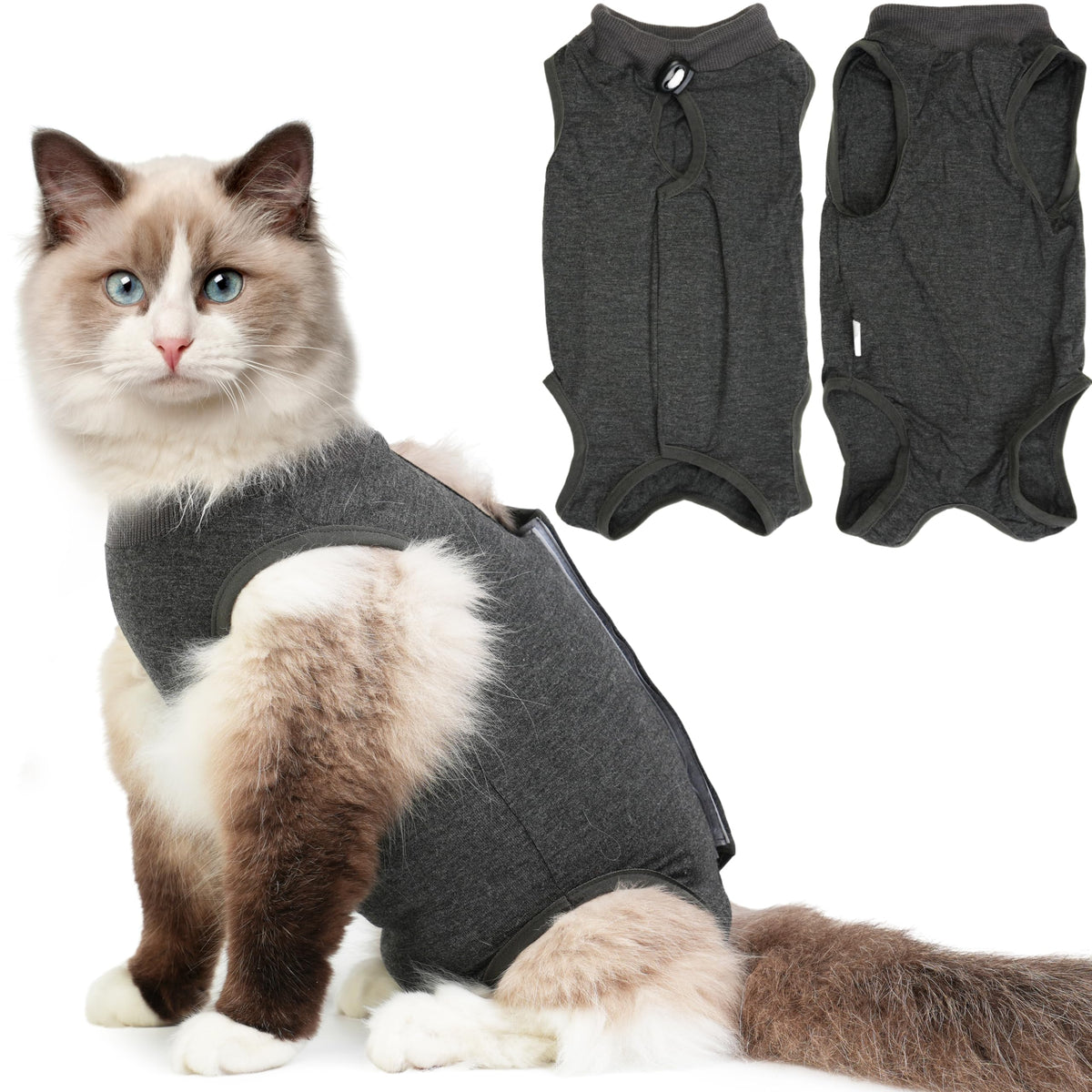 Hpetppy cat recovery suit front view, for post-surgery protection and comfort.