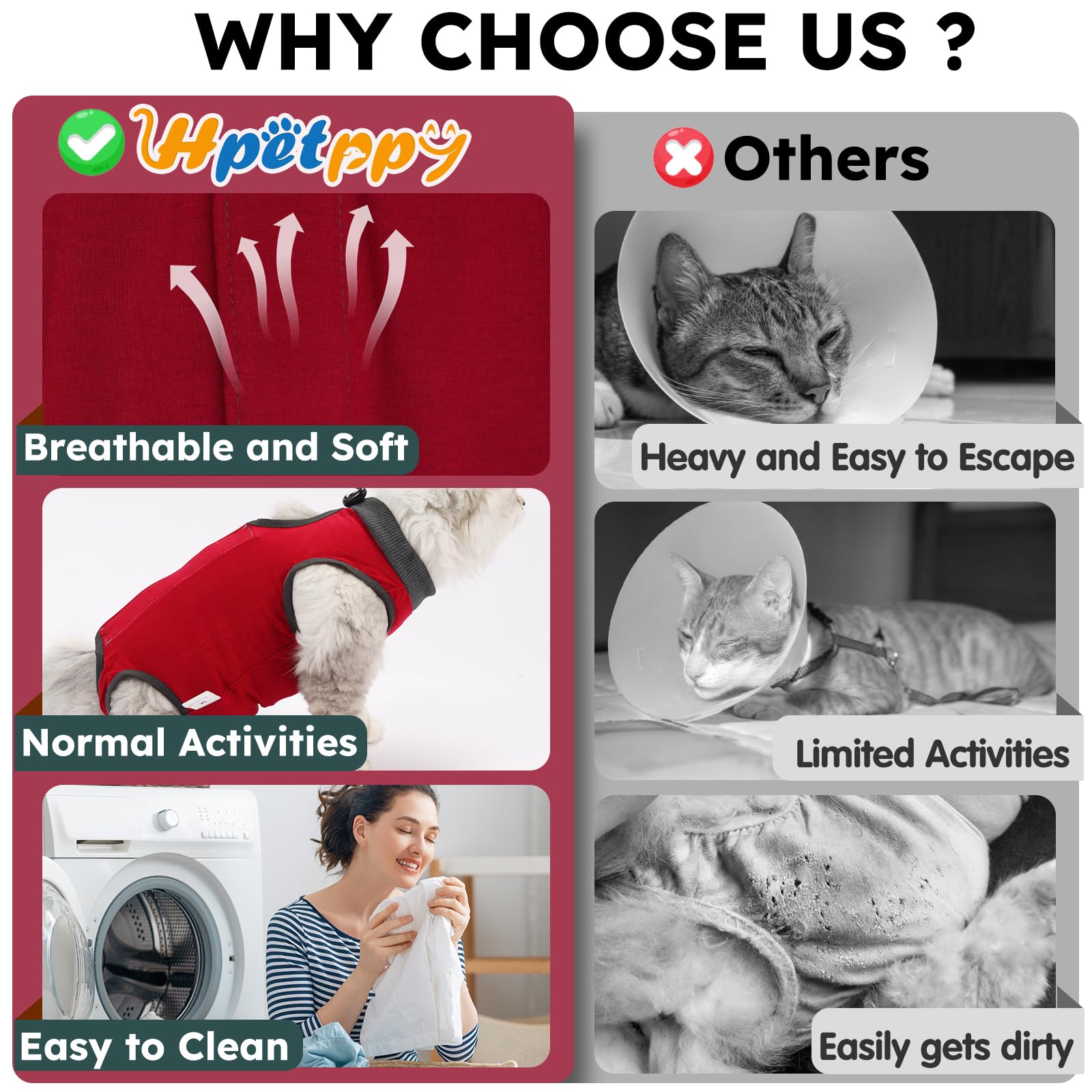 Hpetppy cat recovery suit machine washable for easy care in red