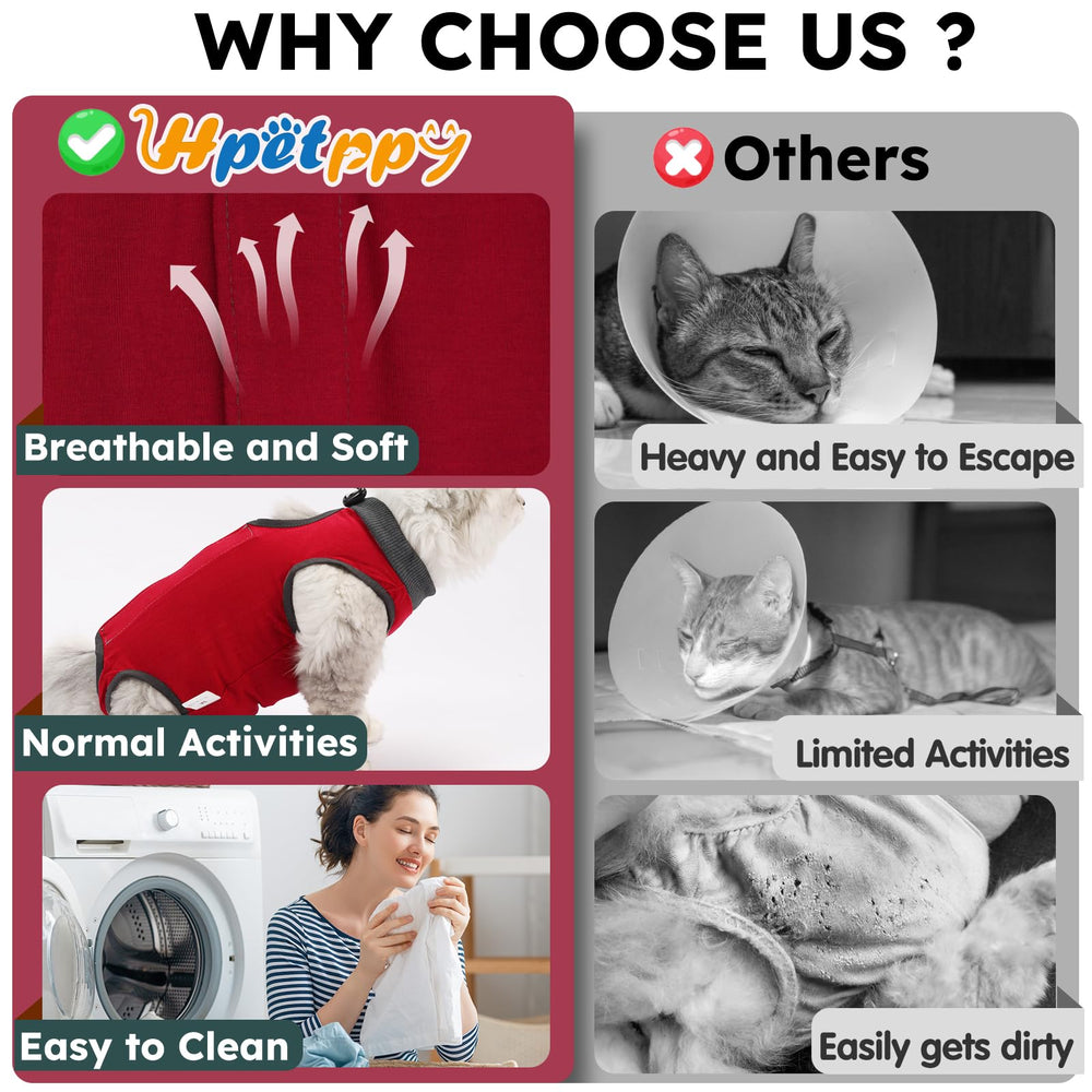 Hpetppy cat recovery suit machine washable for easy care in red