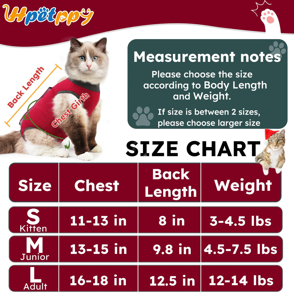 Hpetppy cat recovery suit worn by a cat in red showing fit