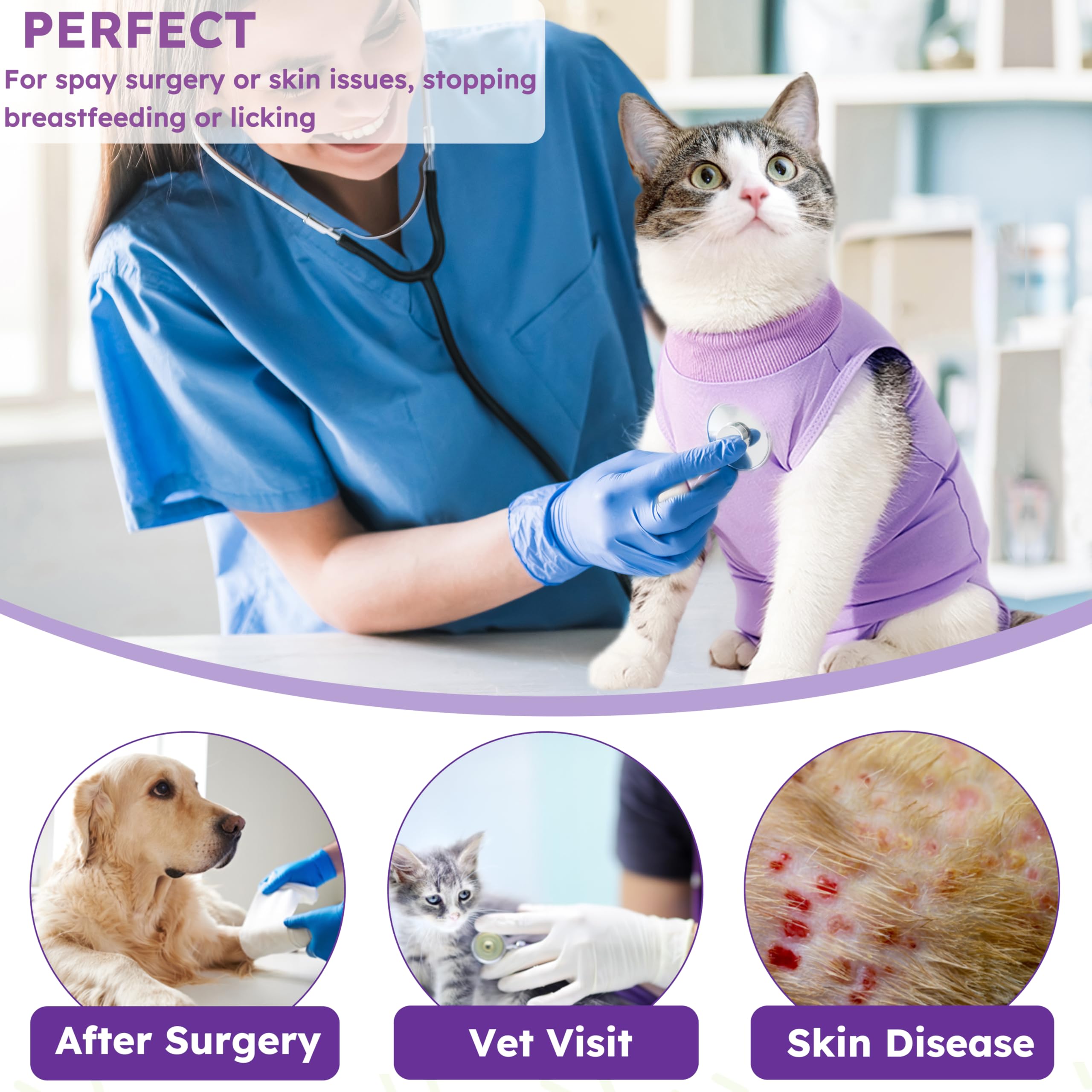 Hpetppy cat recovery suit wide size range accommodates multiple cat breeds.