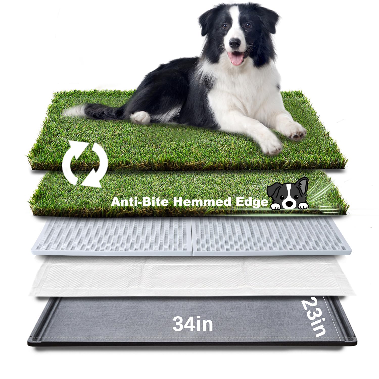 HQ4US 4LEGS grass pad close-up highlighting hemmed edge for durability and easy cleaning.