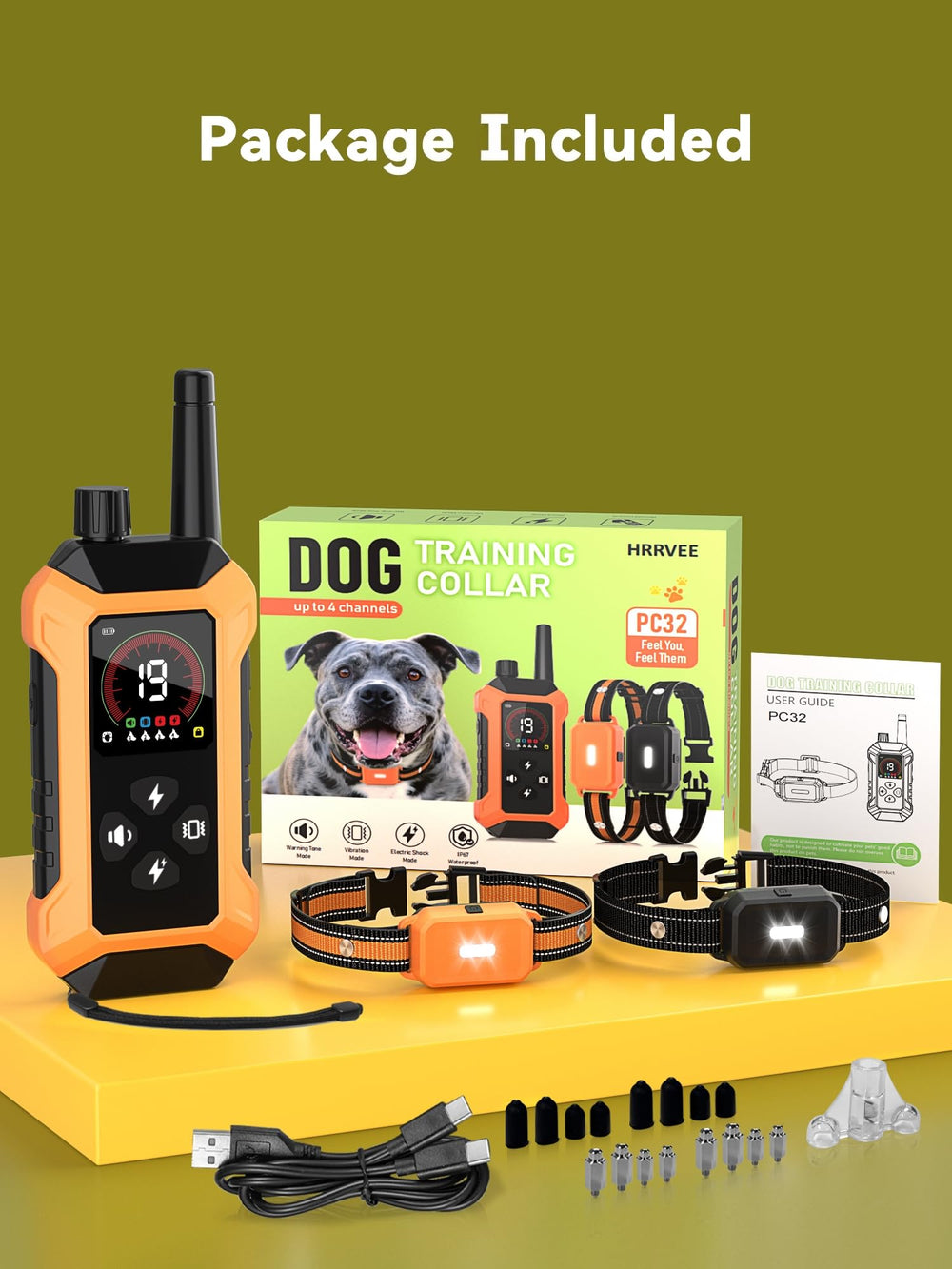 HRRVEE USB fast charging highlights quick recharge for ready-to-train collars.