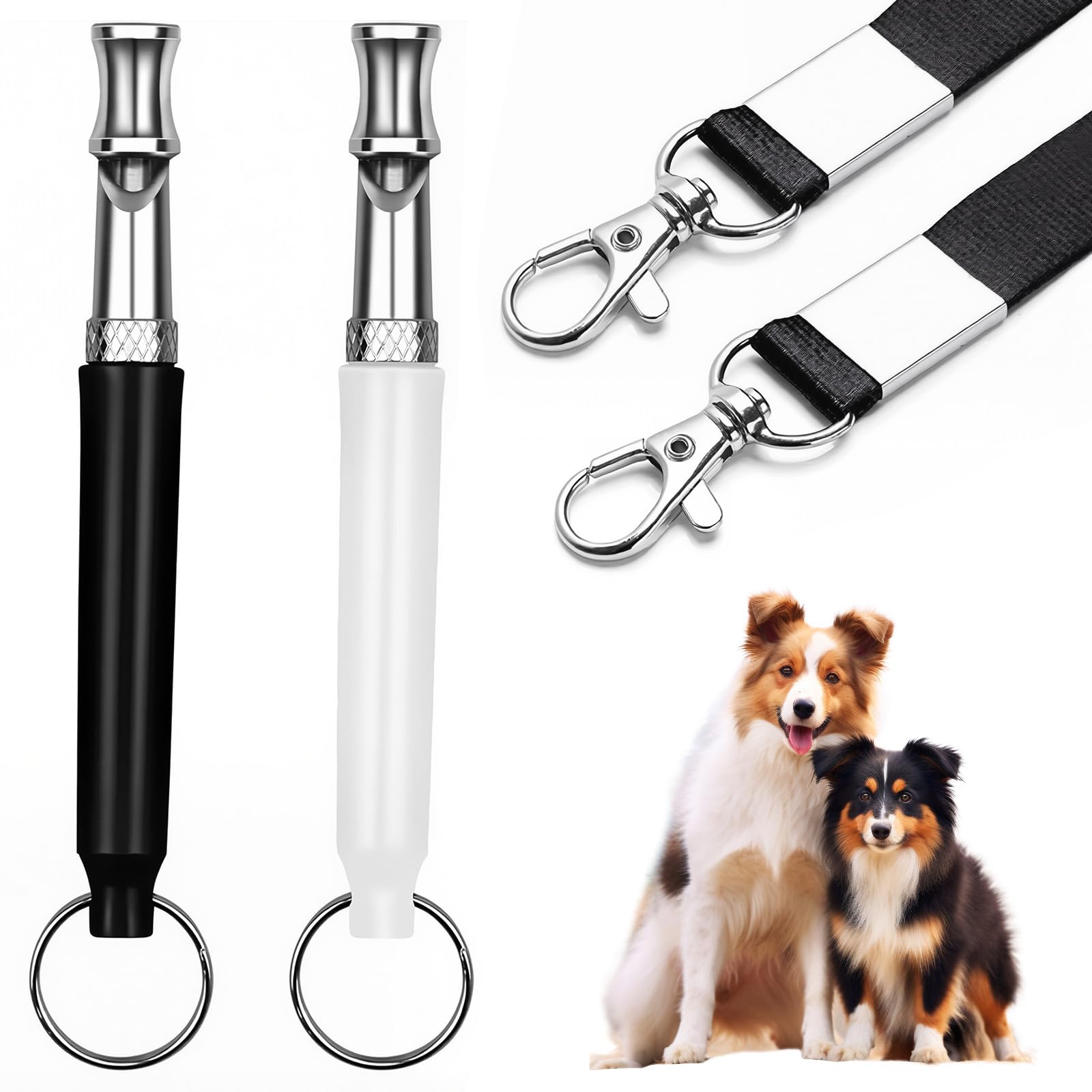 HRXMS dog whistle 2-pack closeup in black and white for portable bark control.