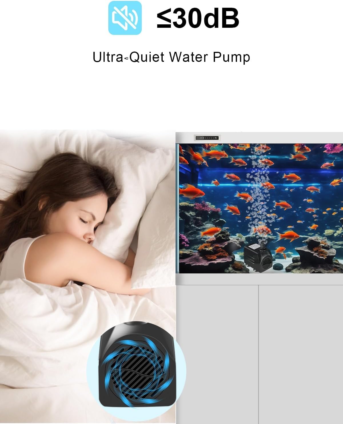 Hsbao compact fountain pump fits tight spaces in tanks and desktops.