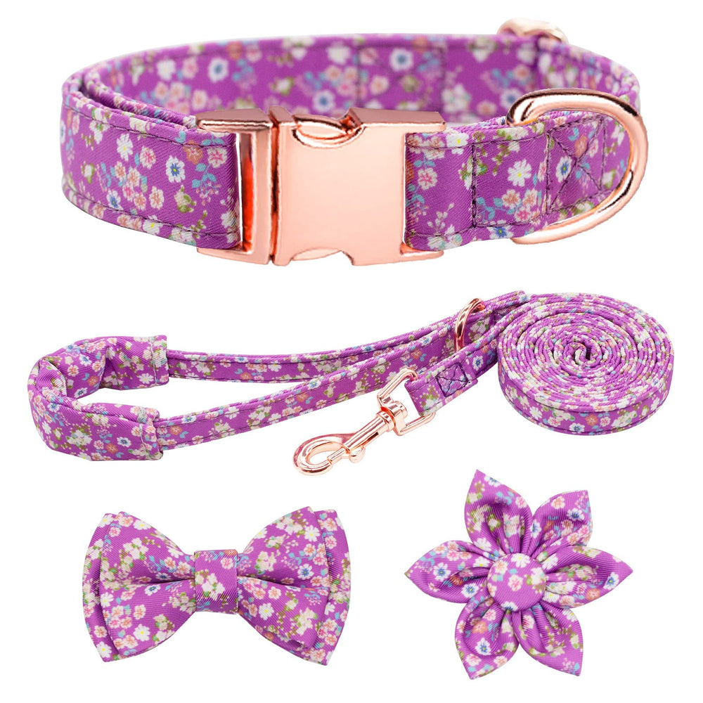 HSIGIO dog collar and leash set close-up showcases breathable cotton fabric and purple floral design.