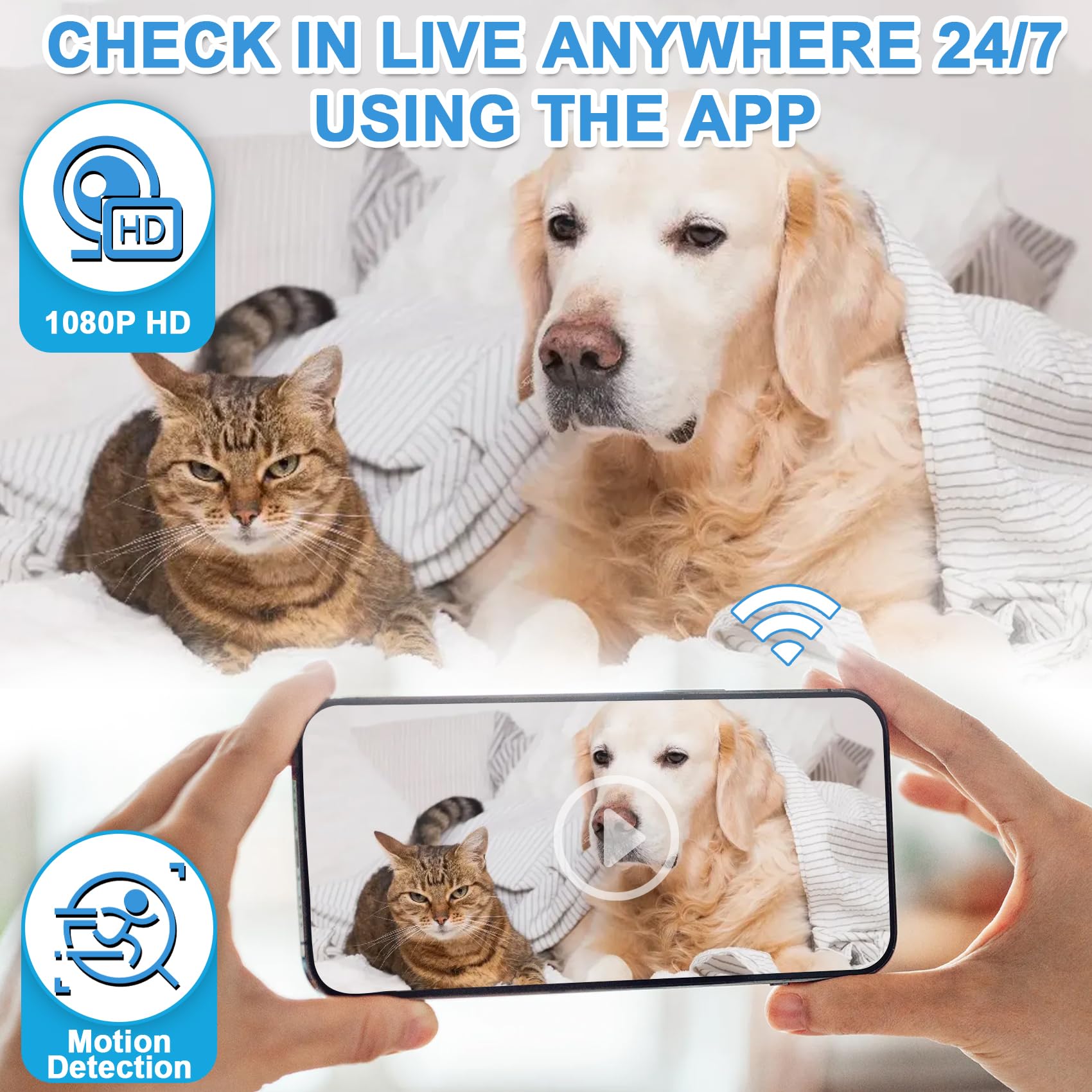 HSKAH WiFi Pet Camera Charger app view allows real-time video on mobile.