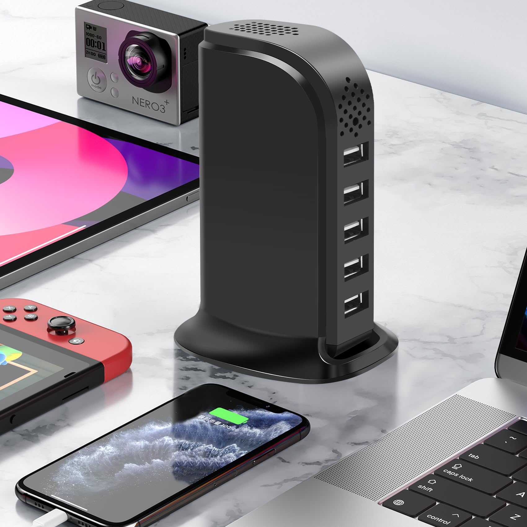 HSKAH WiFi Pet Camera Charger desk setup, convenient all-in-one charging and monitoring.