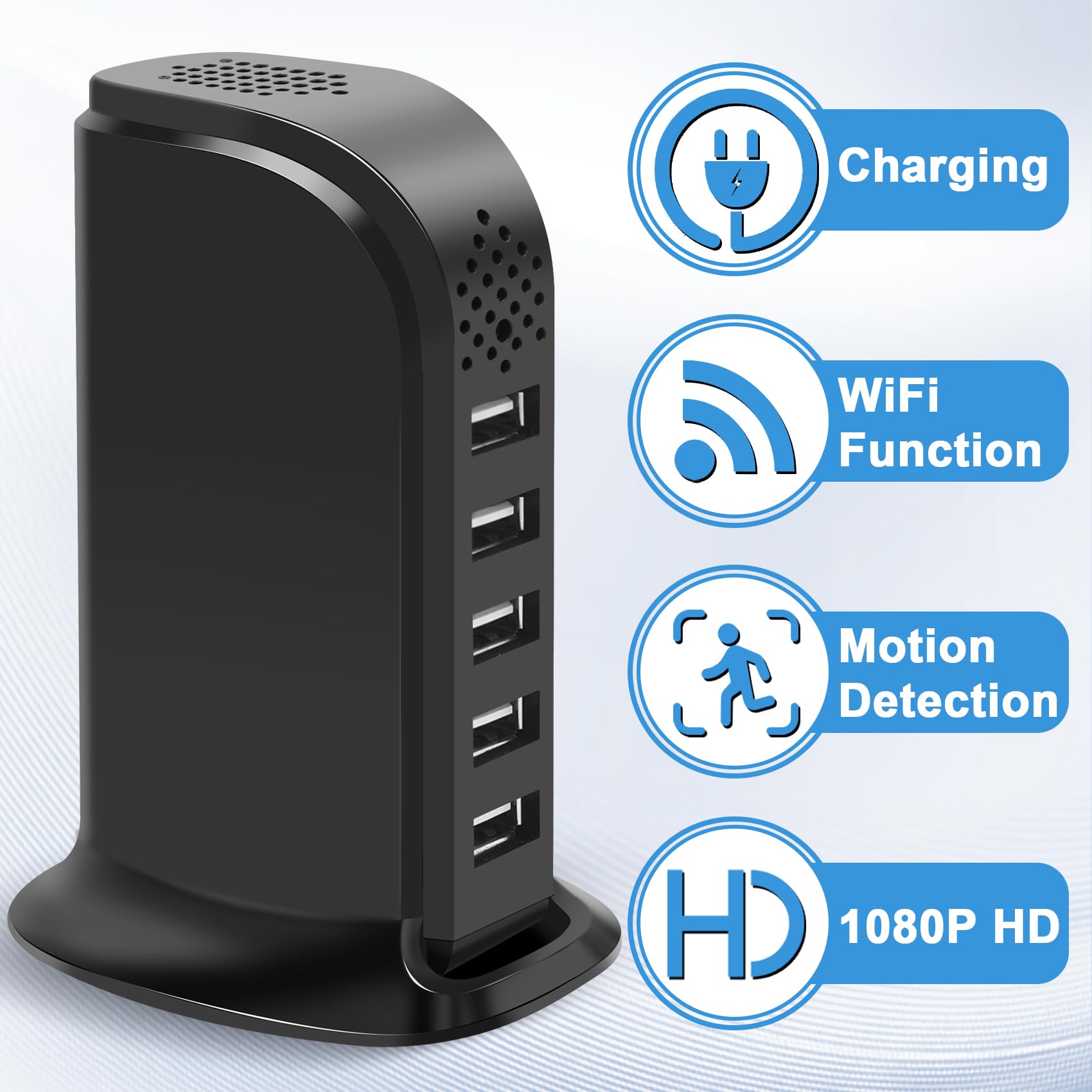 HSKAH WiFi Pet Camera Charger side ports, demonstrates 5-port hub for multiple devices.