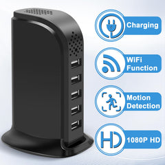 HSKAH WiFi Pet Camera Charger side ports, demonstrates 5-port hub for multiple devices.
