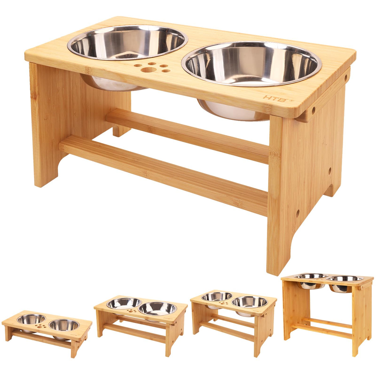 HTB Elevated Dog Bowls front view shows sturdy bamboo stand for comfortable meals.
