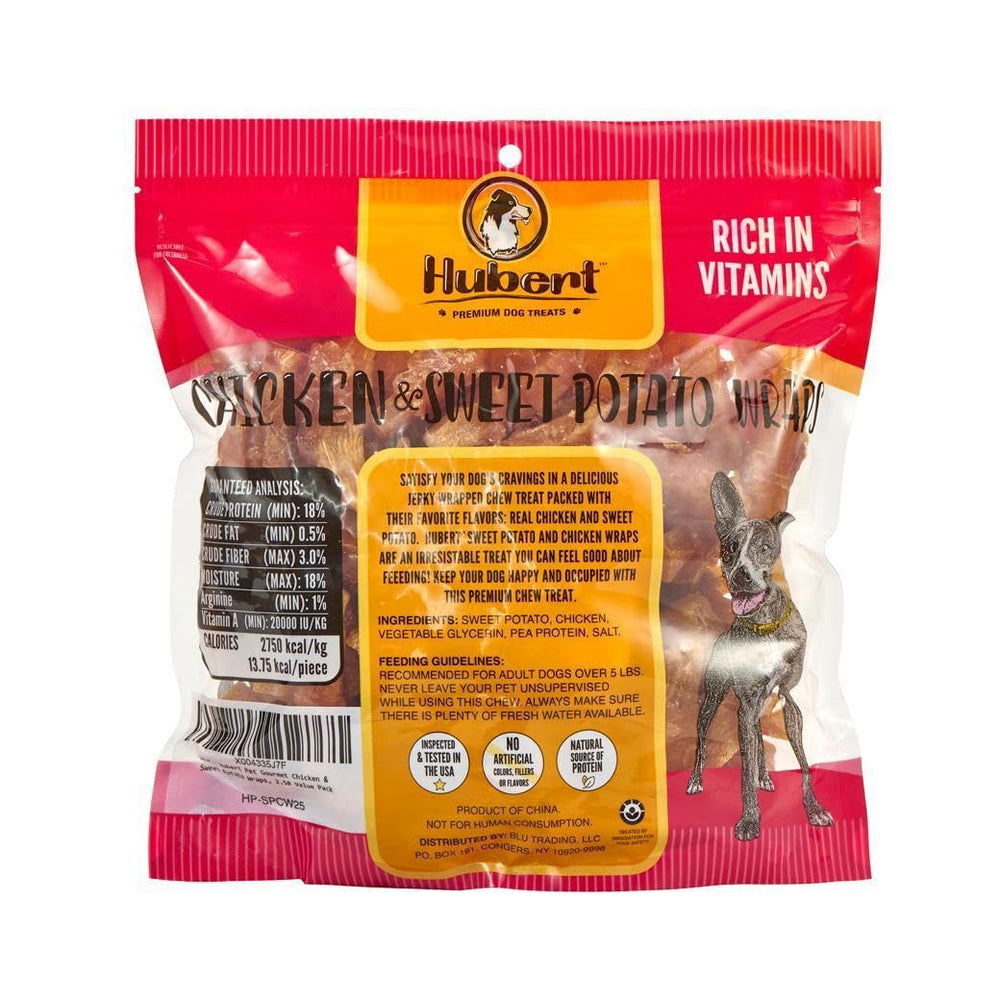 Hubert Premium Dog Treats chicken-sweet-potato wrap highlights tasty training reward.