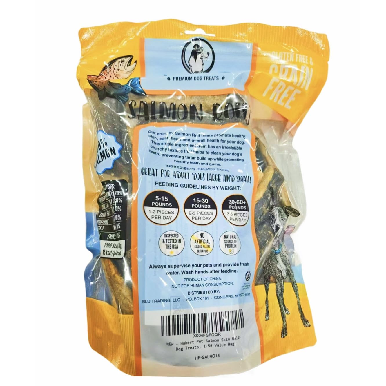 Hubert Premium Dog Treats salmon skin rolls close-up shows crunchy texture ideal for teeth cleaning.
