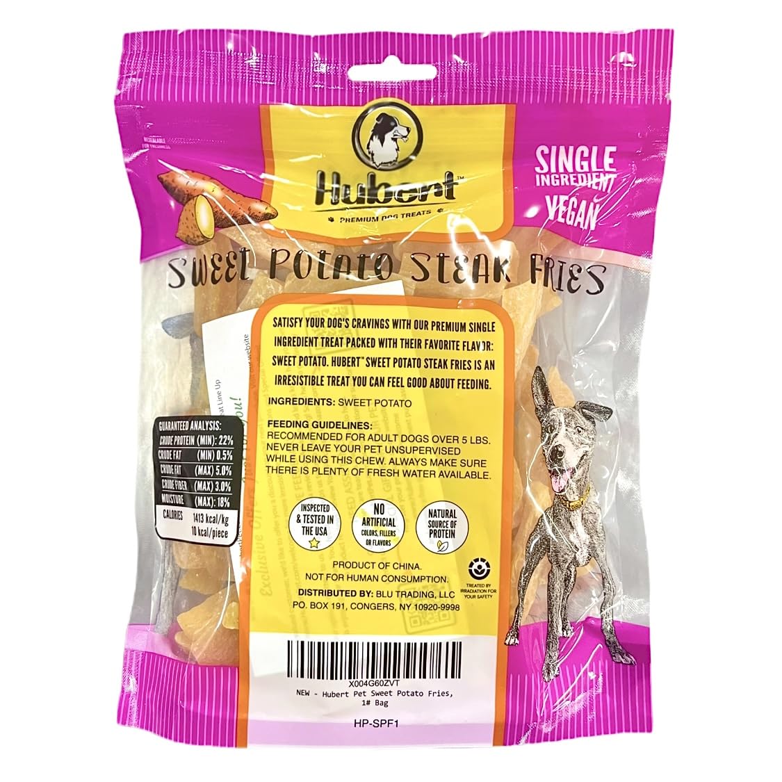 Hubert Premium Dog Treats Sweet Potato Fries closeup shows soft-chewy texture ideal for training.