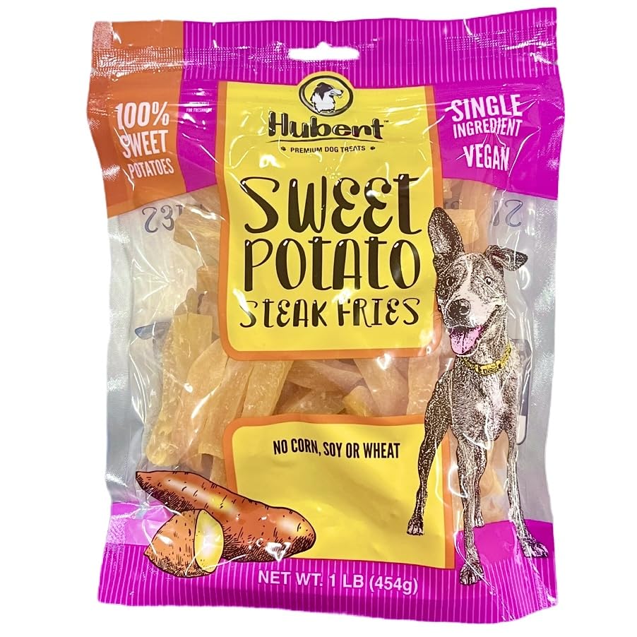Hubert Premium Dog Treats Sweet Potato Fries packaging highlights a simple vegan snack for all breeds.