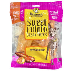 Hubert Premium Dog Treats Sweet Potato Fries packaging highlights a simple vegan snack for all breeds.