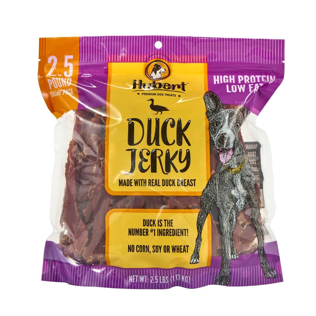 Hubert Premium Duck Jerky treats pack open; savory reward for training sessions