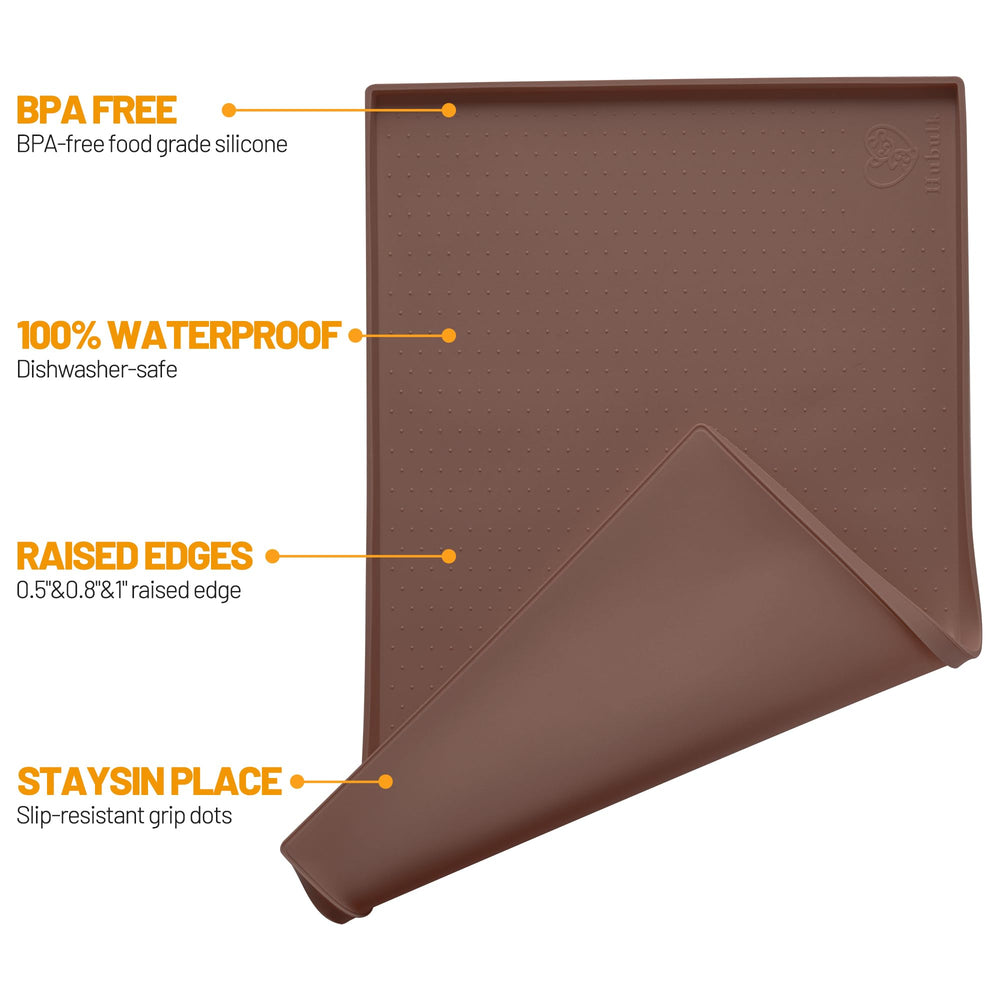 Hubulk dog feeding mat edge lip keeps bowls contained and floors clean.