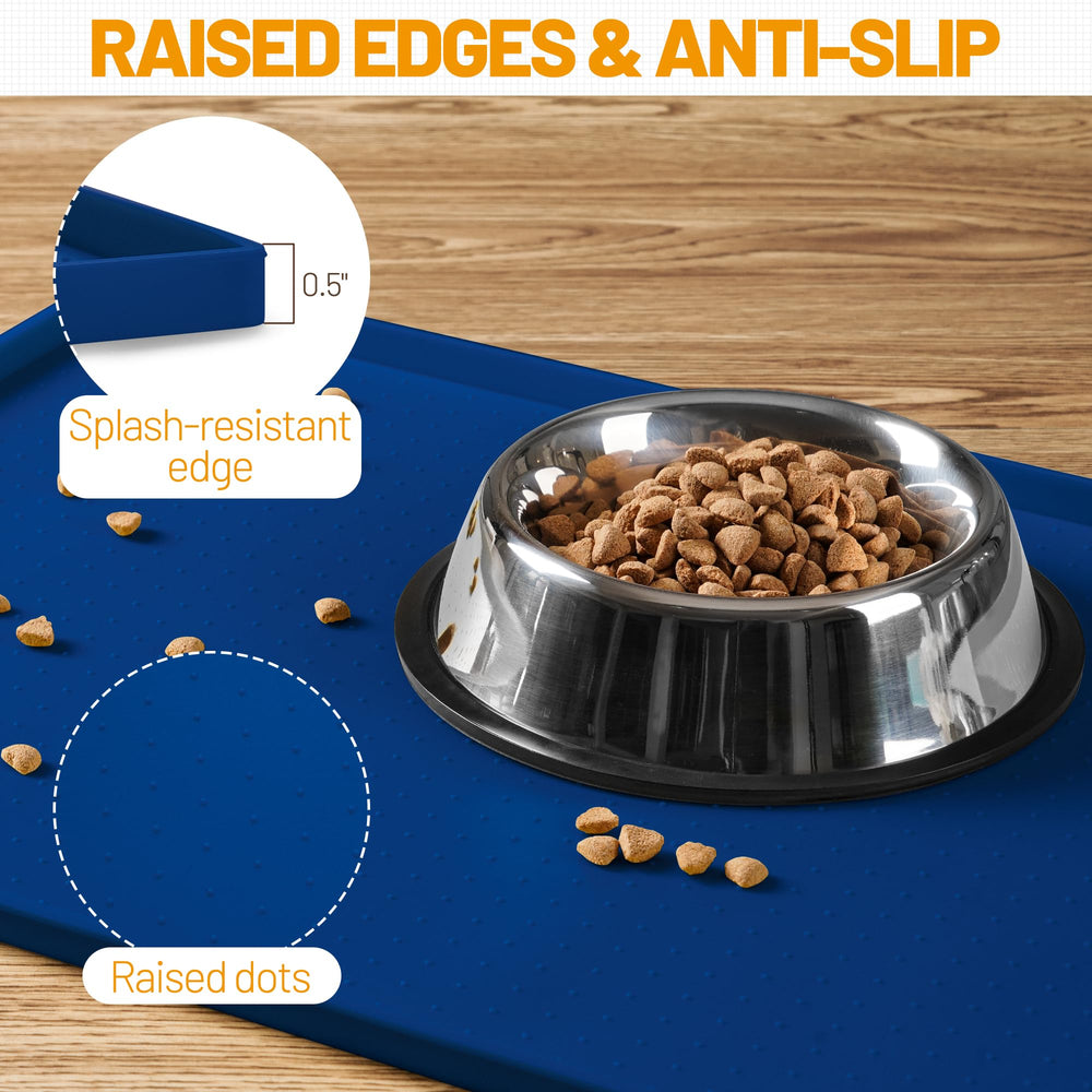 Hubulk dog feeding mat navy bowls stay put on a non-slip surface.