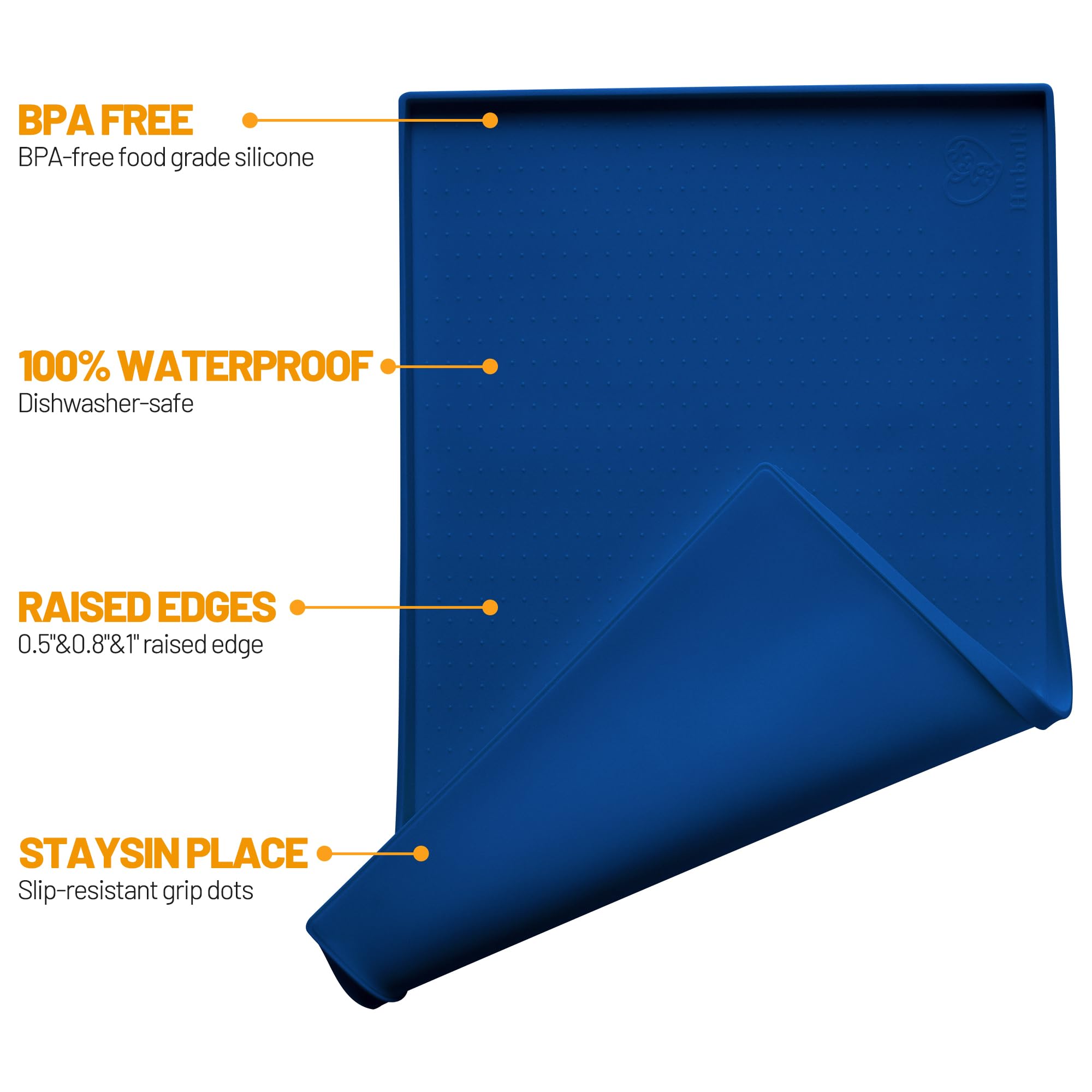 Hubulk dog feeding mat navy side profile highlights containment features.