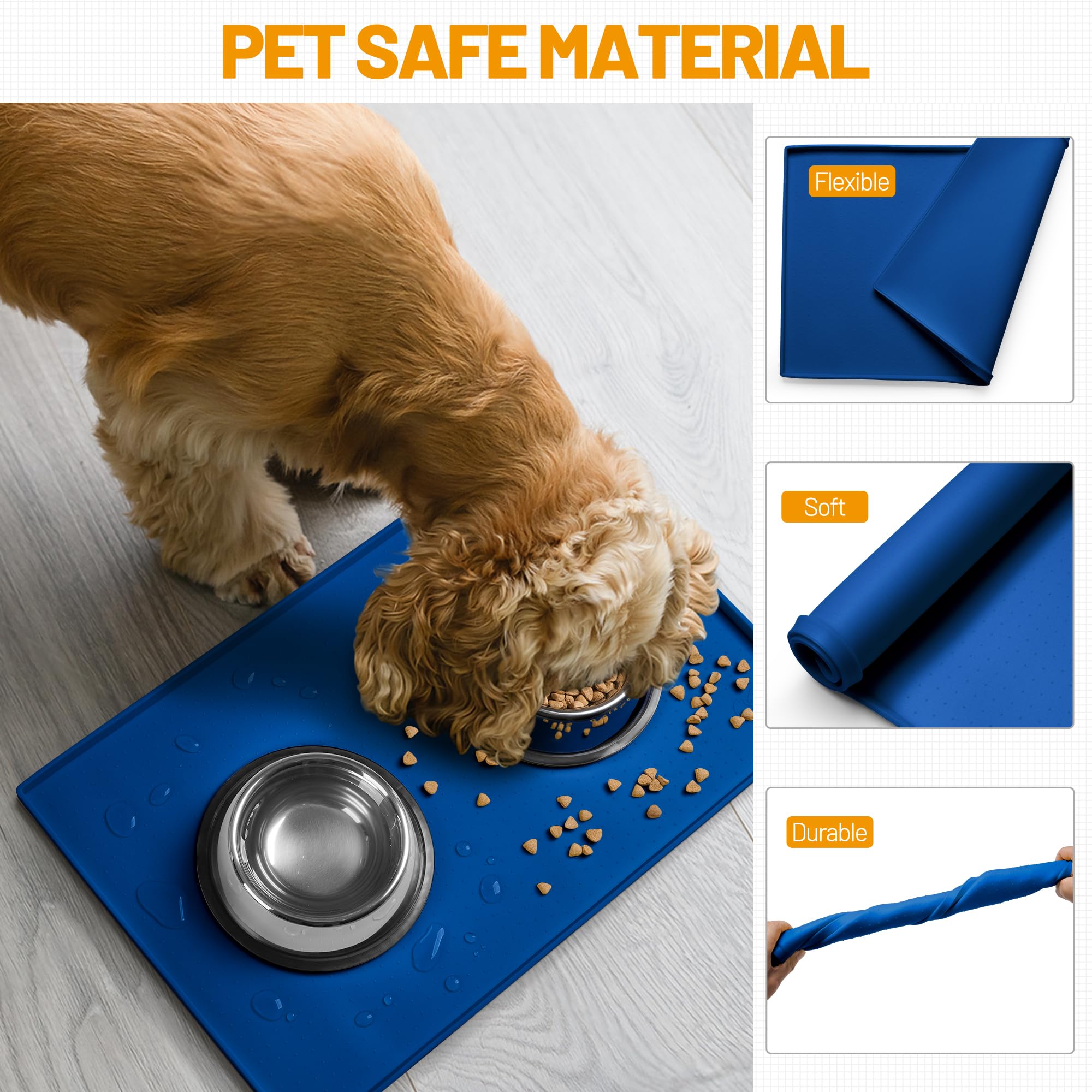 Hubulk dog feeding mat navy close-up silicone detail resists stains and odors.