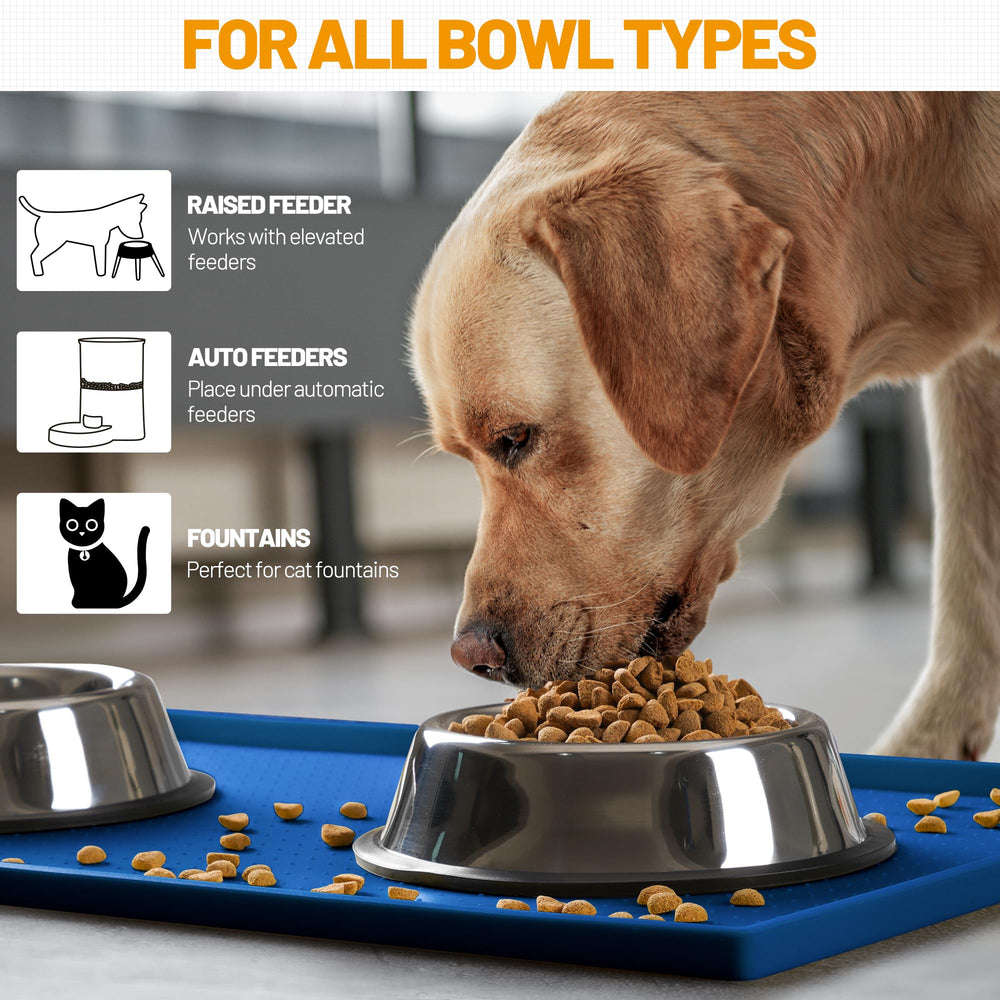 Hubulk dog feeding mat navy spill-prevention in action under bowls.