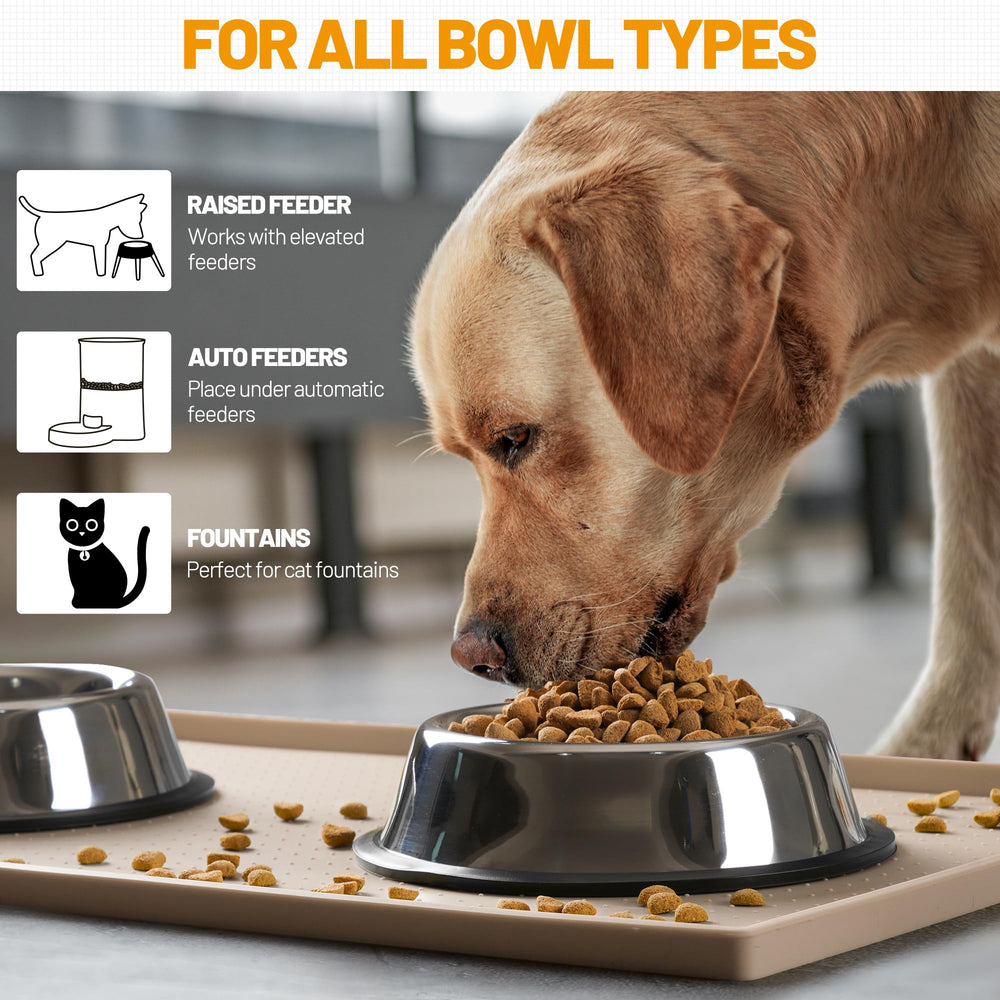 Hubulk taupe feeding mat complements any kitchen or floor