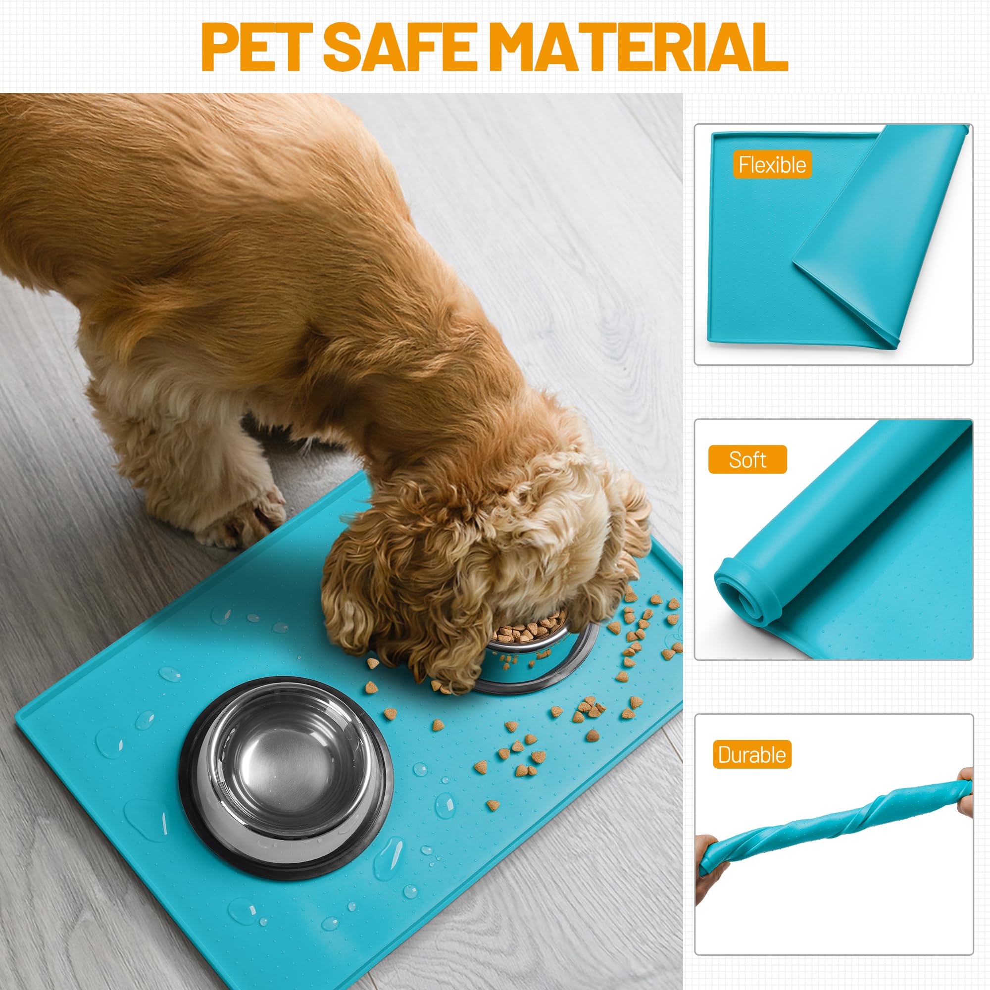 Hubulk dog-feeding-mat-teal-color adds style while containing spills.