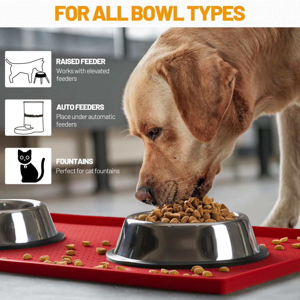 Hubulk mat placed under bowls protects floors from mess.