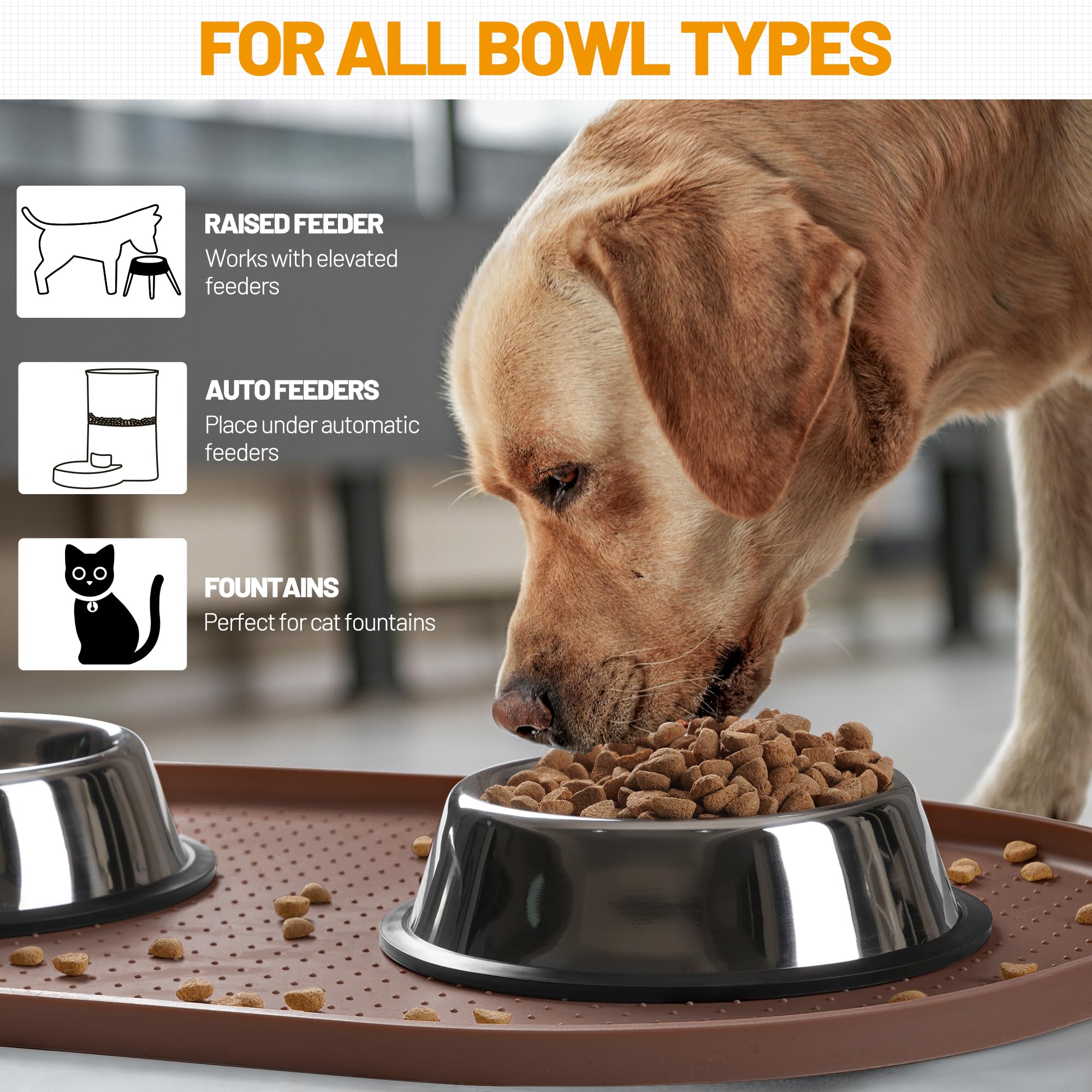Hubulk extra-tall lip mat helps protect floors from spills during feeding.