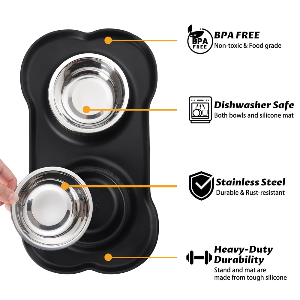 Hubulk Pet Bowls dual setup manages water and food, reducing mess during meals.
