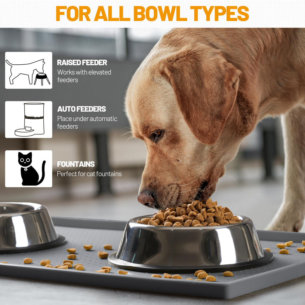Hubulk waterproof pet mat protects floors during meals.
