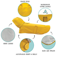 Hudson Hound dachshund raincoat chest strap close-up demonstrates quick secure fit.