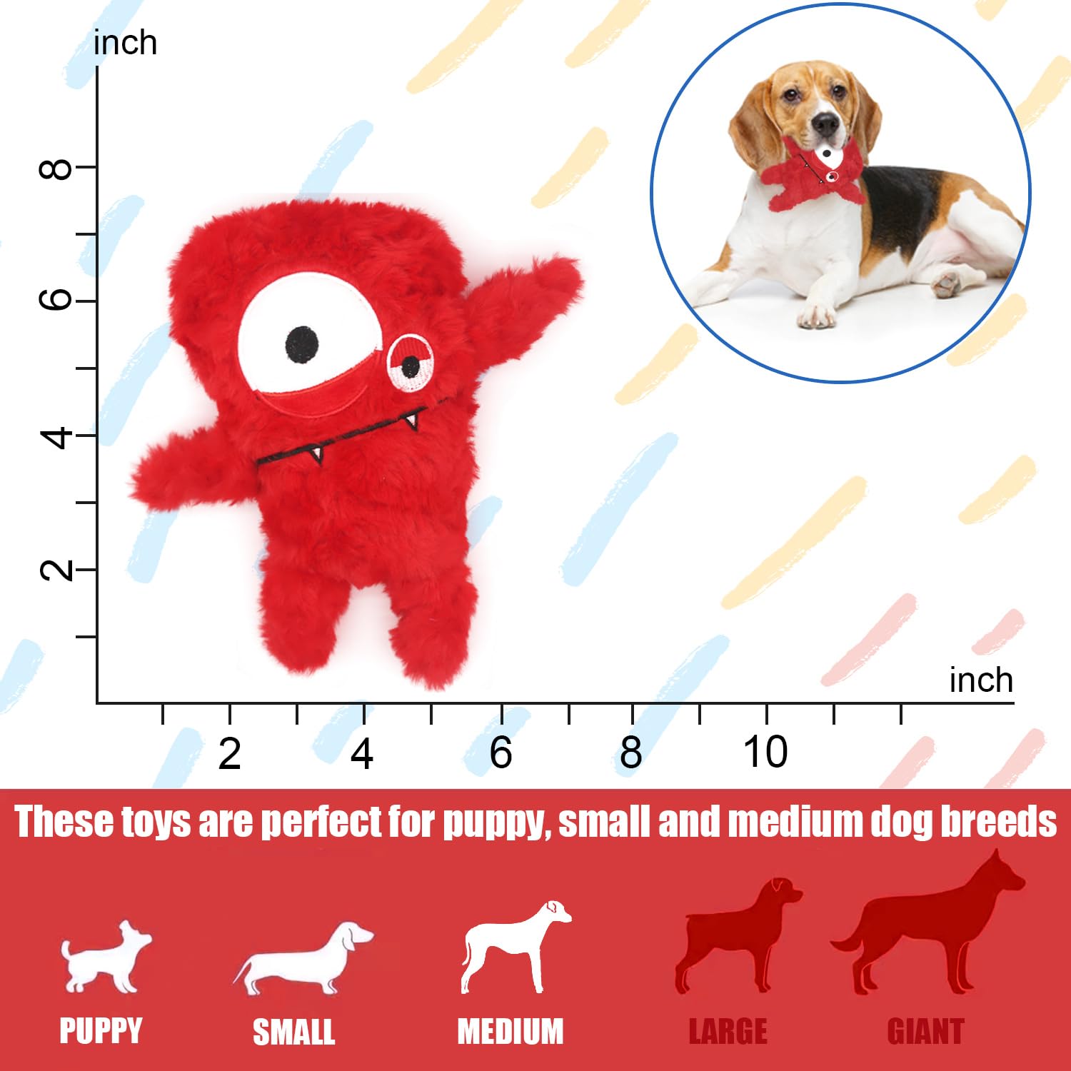 HUGEME plush dog toy red squeaker image highlights sensation and entertainment during chewing.