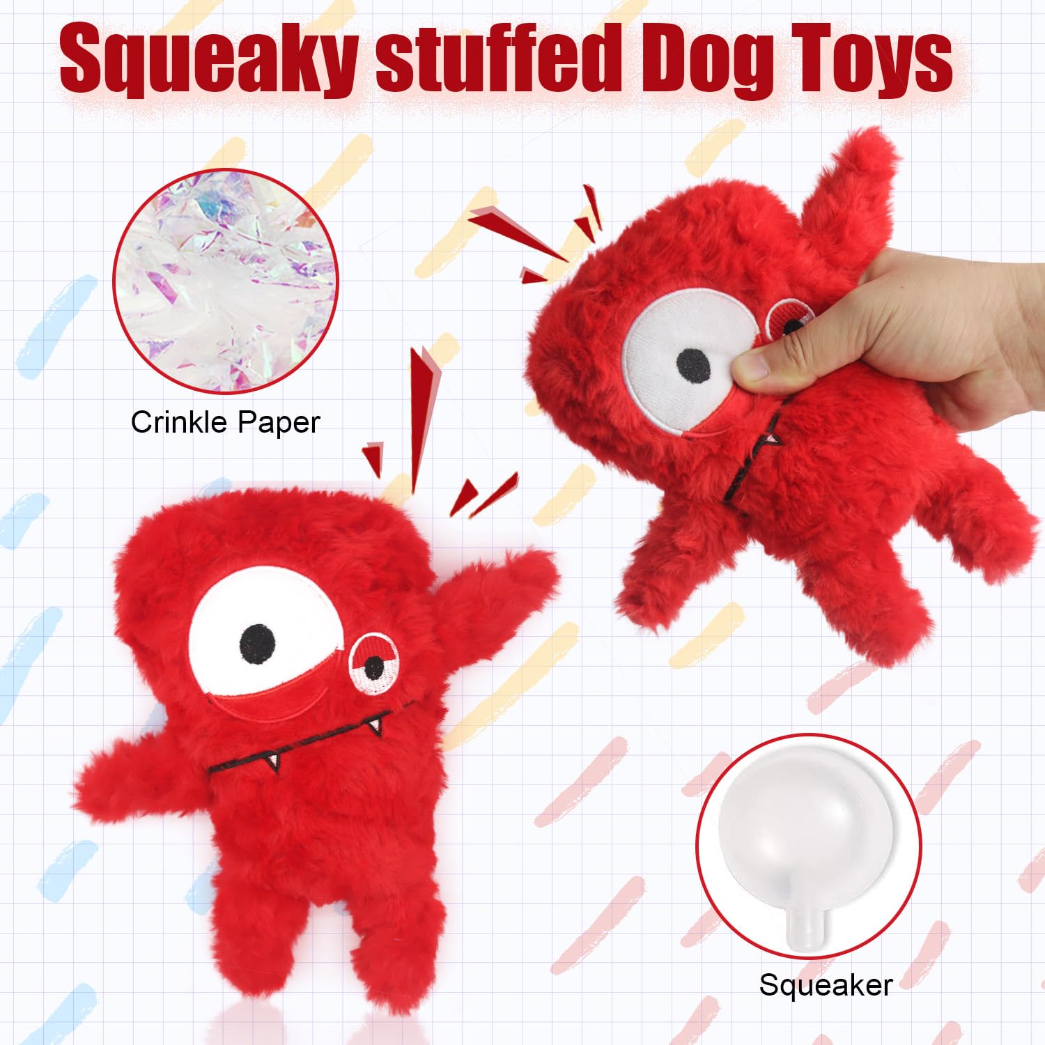 HUGEME plush dog toy red-stitching emphasizes quality stitching for lasting fetch and chew.