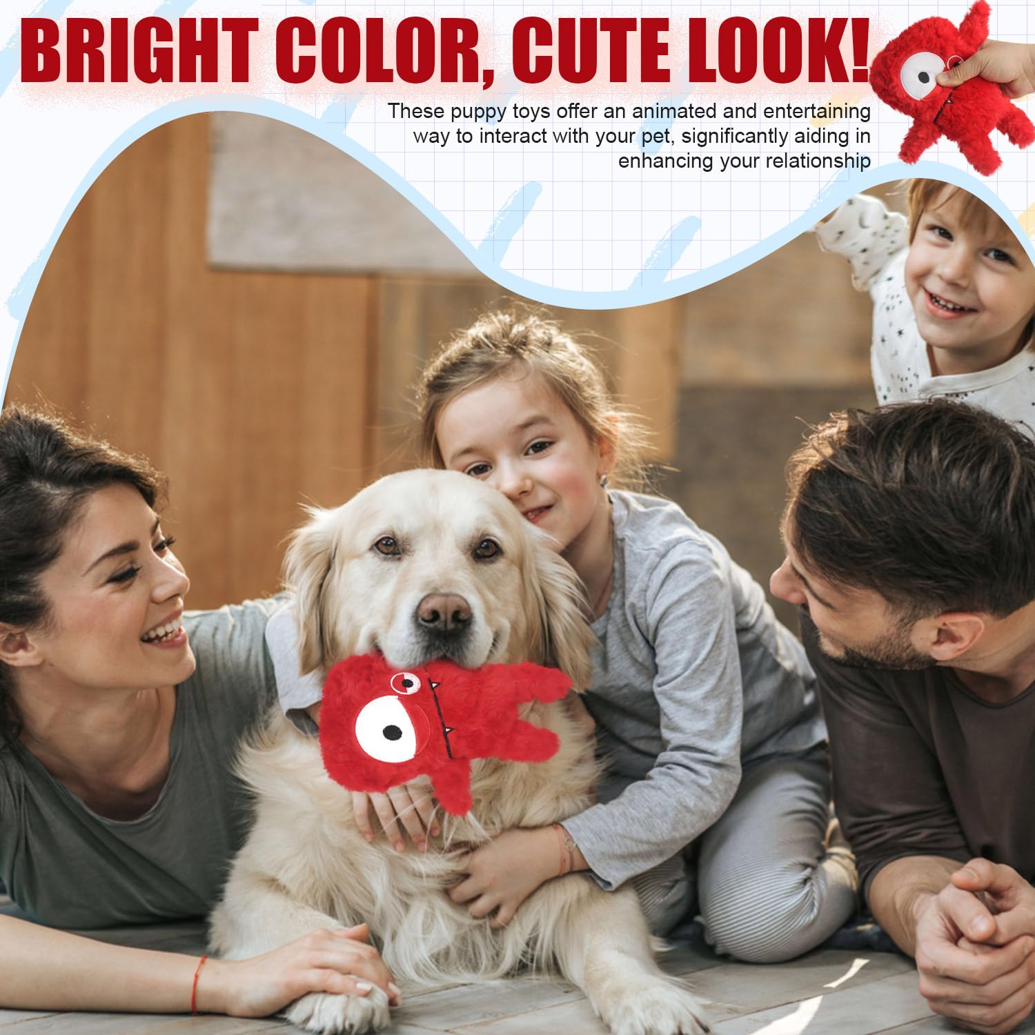 HUGEME plush toy red washable scene shows easy cleaning after play sessions.