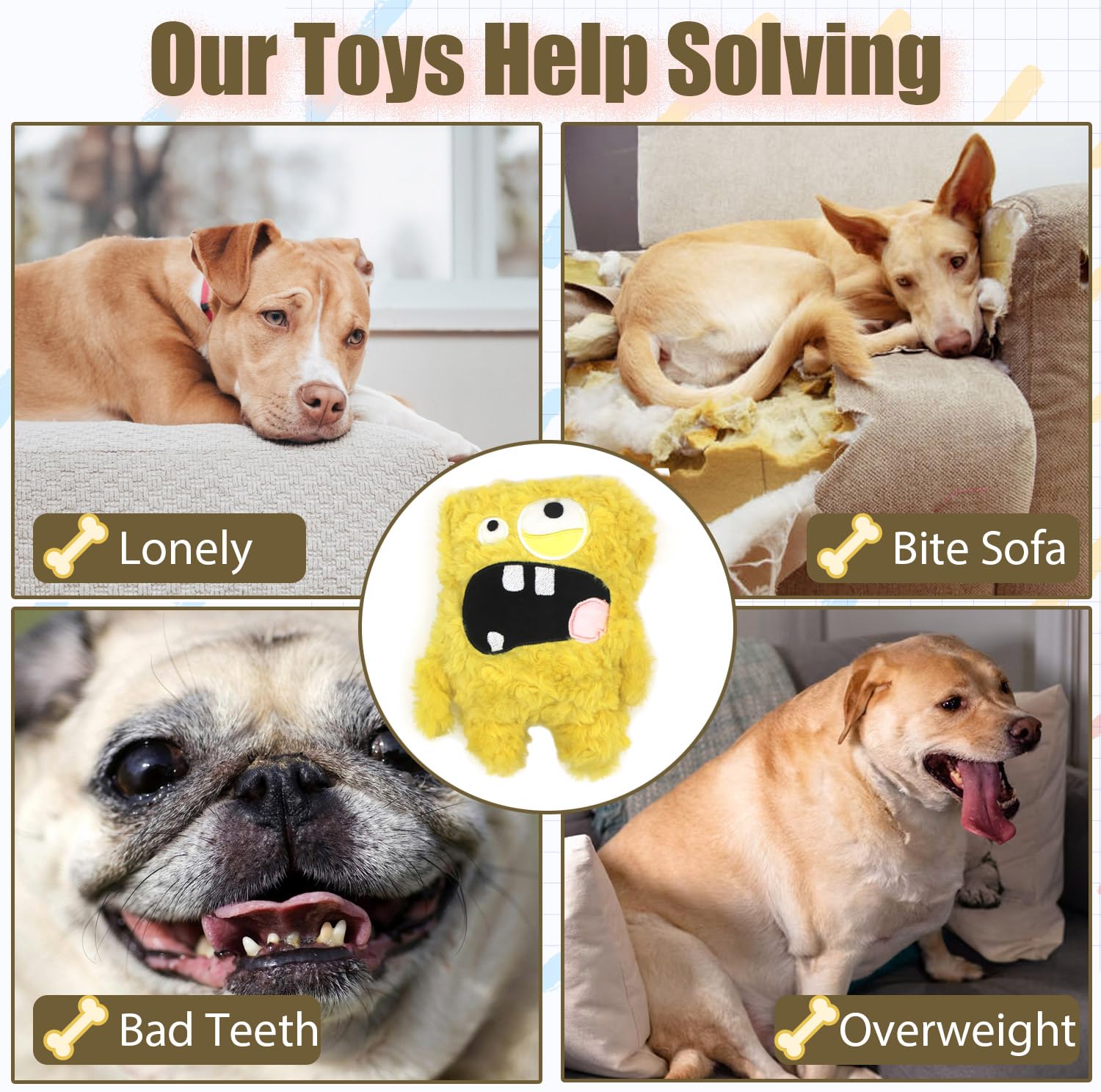 HUGEME plush dog toy yellow with machine washable design for easy cleaning