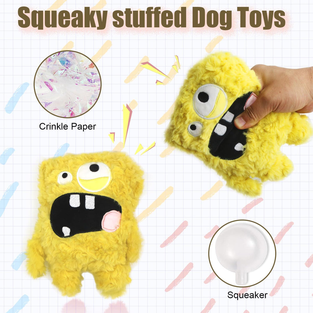 HUGEME plush dog toy yellow side view highlighting durable stitching for lasting fun