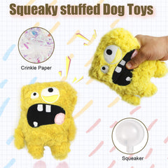 HUGEME plush dog toy yellow side view highlighting durable stitching for lasting fun