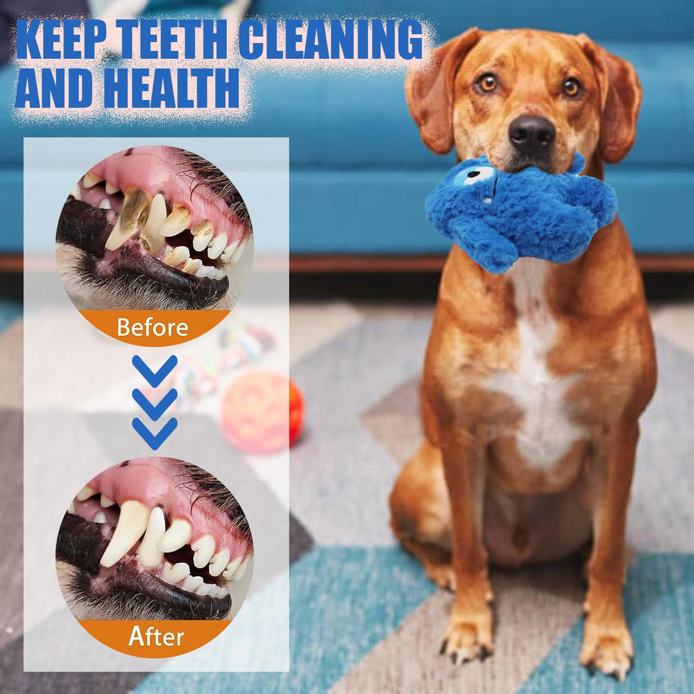 HUGEME Plush Squeaky Toy blue dog-chewing action demonstrates chew-friendly design.