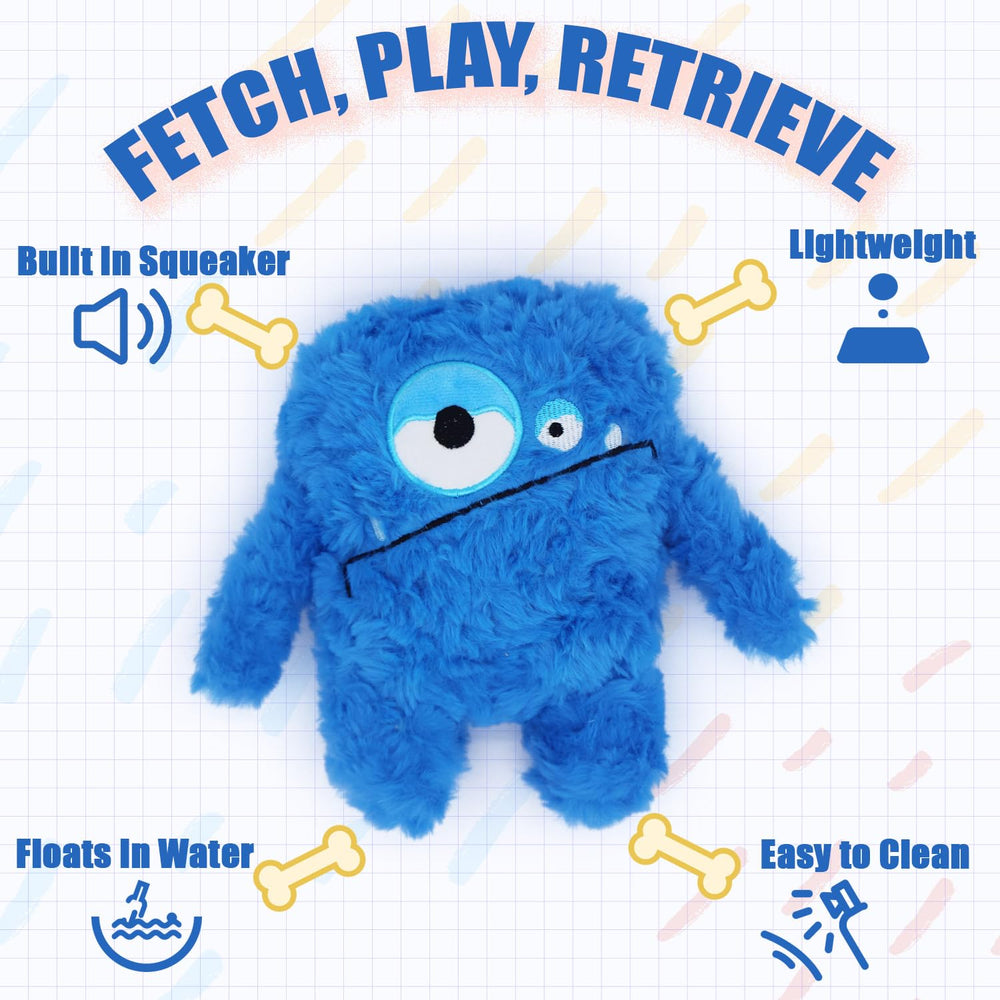 HUGEME Plush Squeaky Toy blue embroidery detail showcases durability for teething.