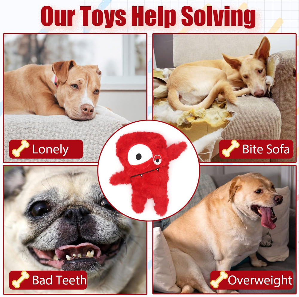 HUGEME Squeaky Dog Toy red healthy-chew frame suggests teething-safe fun and gentle chewing.