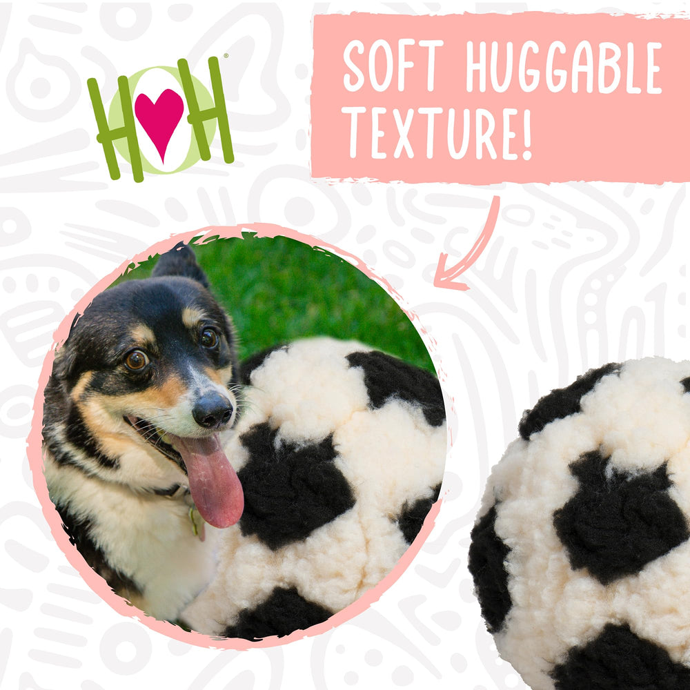 HuggleHounds HuggleFleece plush ball during playtime highlights reinforced seams.