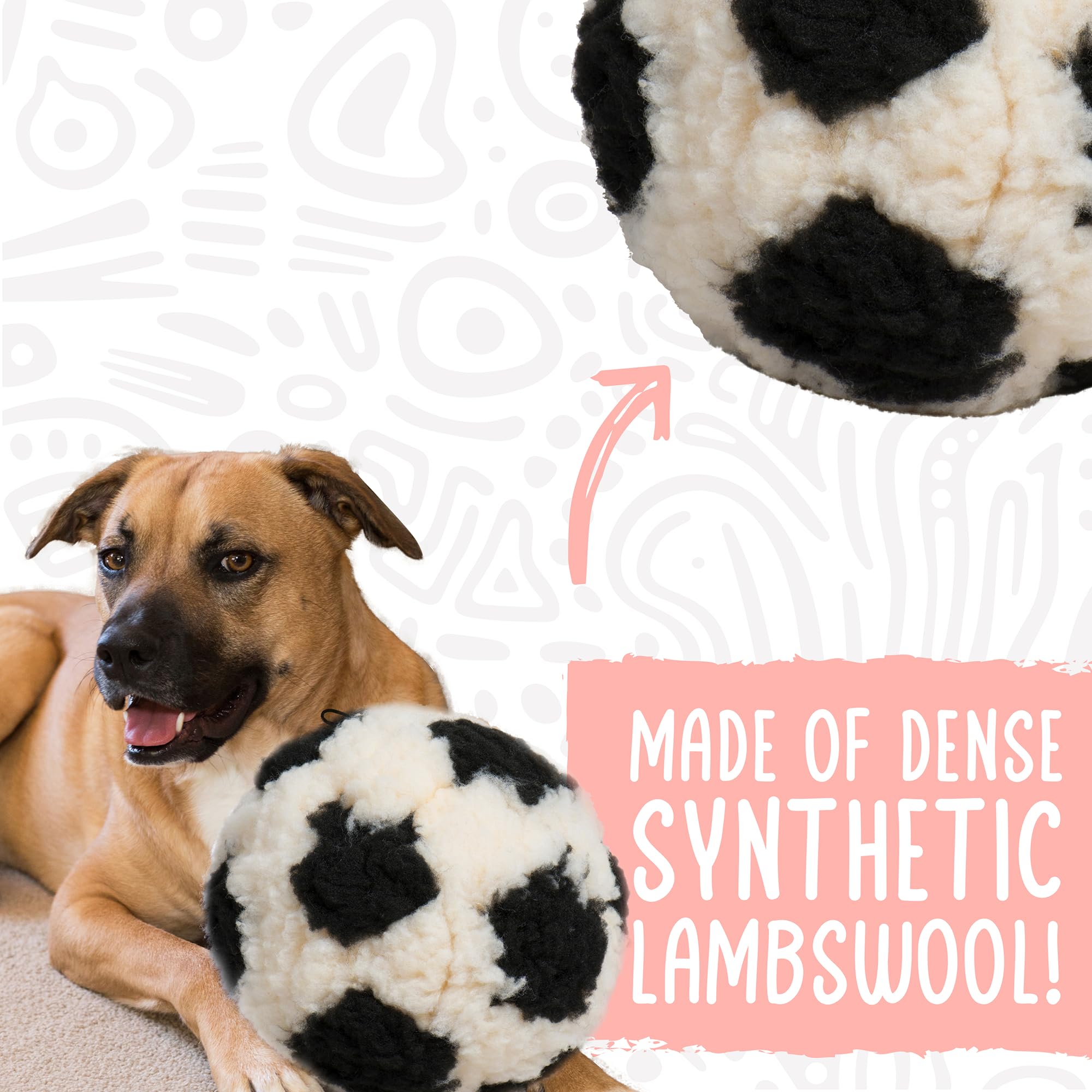 HuggleHounds HuggleFleece plush ball demonstrates machine washable, quick-drying care.