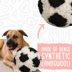 HuggleHounds HuggleFleece plush ball demonstrates machine washable, quick-drying care.