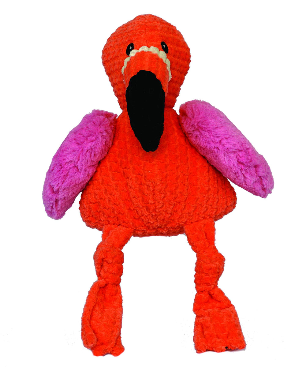 HuggleHounds Knottie Plush Pink Flamingo, front view, durable toy for hours of playful engagement.