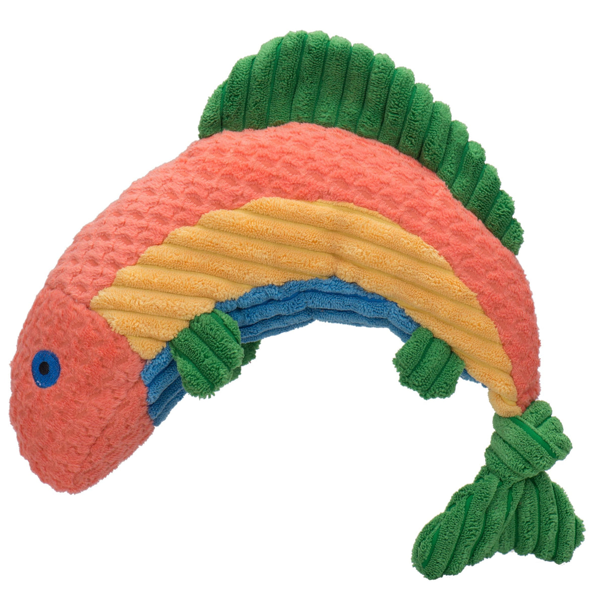 HuggleHounds Knottie Rainbow Trout large toy showing soft plush and squeak for interactive play.