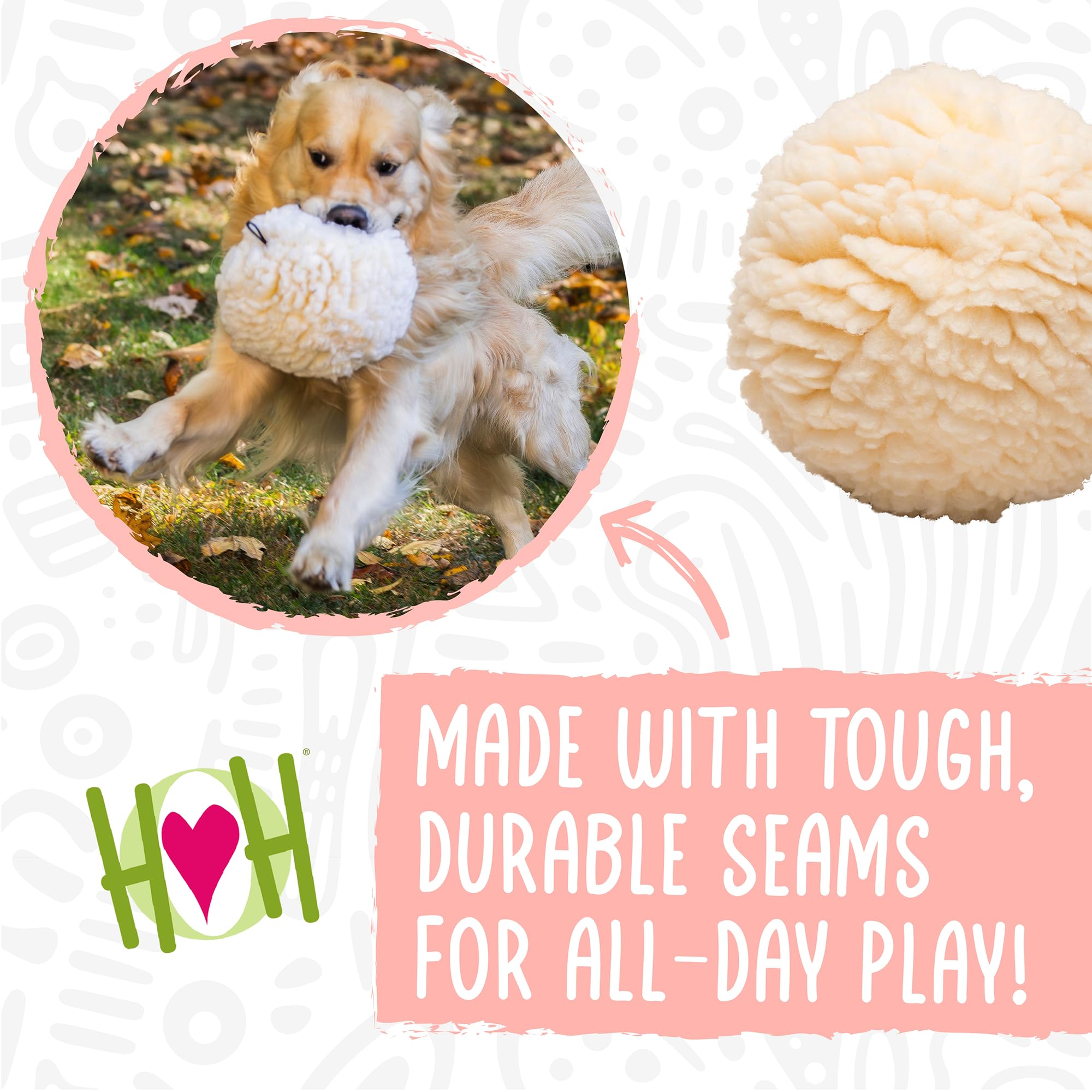 HuggleHounds plush ball toy washability close-up shows machine washable and quick-dry benefits.